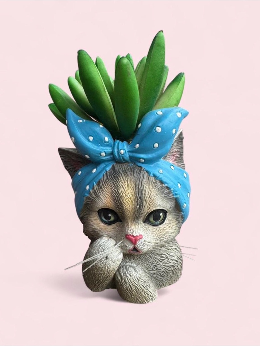 The Bradford Exchange Gray Cat Planter with Blue Polka Dot Headband